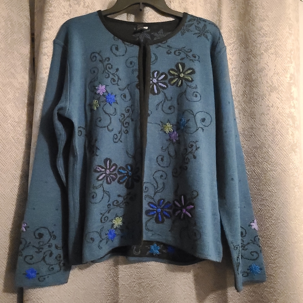 Tey Art Alpaca Blend Dark Teal Embroidered Handmade Cardigan Sweater XL